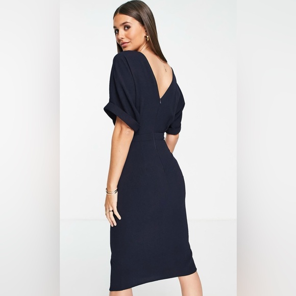 NWT [ASOS] Wiggle Pleated Midi Cap Sleeve Scoop Neck Black Dress Women’s Sz 2 - Picture 2 of 12